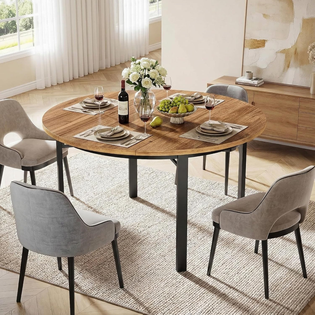 Lailang 119cm Eettafel, Eetkamertafel Ovaal, Kitchen Dining Table, Houten Eettafel, Dining Table For 6 People, 119 x 119 x 76 cm, Bruin