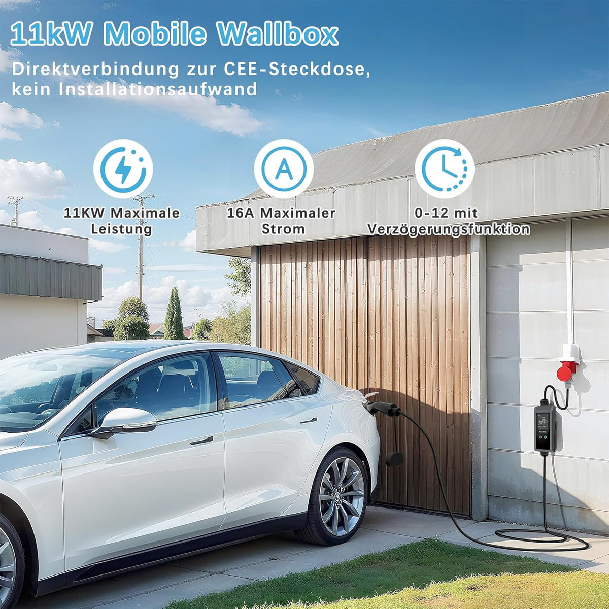 Mobile Wallbox 11 kW type 2 oplaadkabel met instelbaar laadvermogen [6,9 m | 3-fasen | 8-16A IP67], CEE 16A, EV oplader voor model Y/3 ID.3/4/5 MG4 EX30 e-up