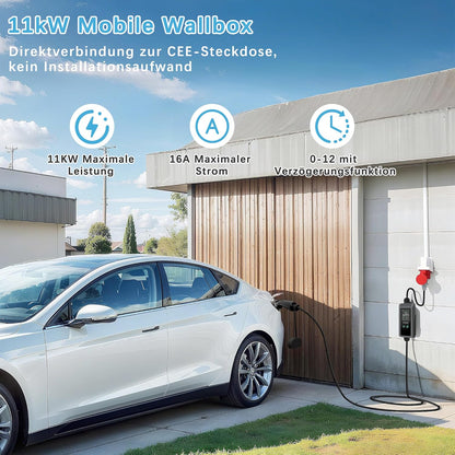 Mobile Wallbox 11 kW type 2 oplaadkabel met instelbaar laadvermogen [6,9 m | 3-fasen | 8-16A IP67], CEE 16A, EV oplader voor model Y/3 ID.3/4/5 MG4 EX30 e-up