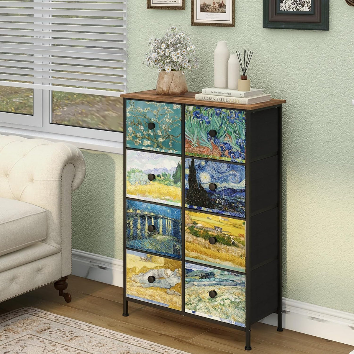 VEDECASA Smalle commode voor slaapkamer, hoge commode met 8 laden, Van Gogh lade-eenheid voor kinderkamer, woonkamer, hal, slaapkamer, kantoor, metalen frame, houten plaat, commode