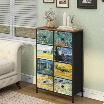 VEDECASA Smalle commode voor slaapkamer, hoge commode met 8 laden, Van Gogh lade-eenheid voor kinderkamer, woonkamer, hal, slaapkamer, kantoor, metalen frame, houten plaat, commode