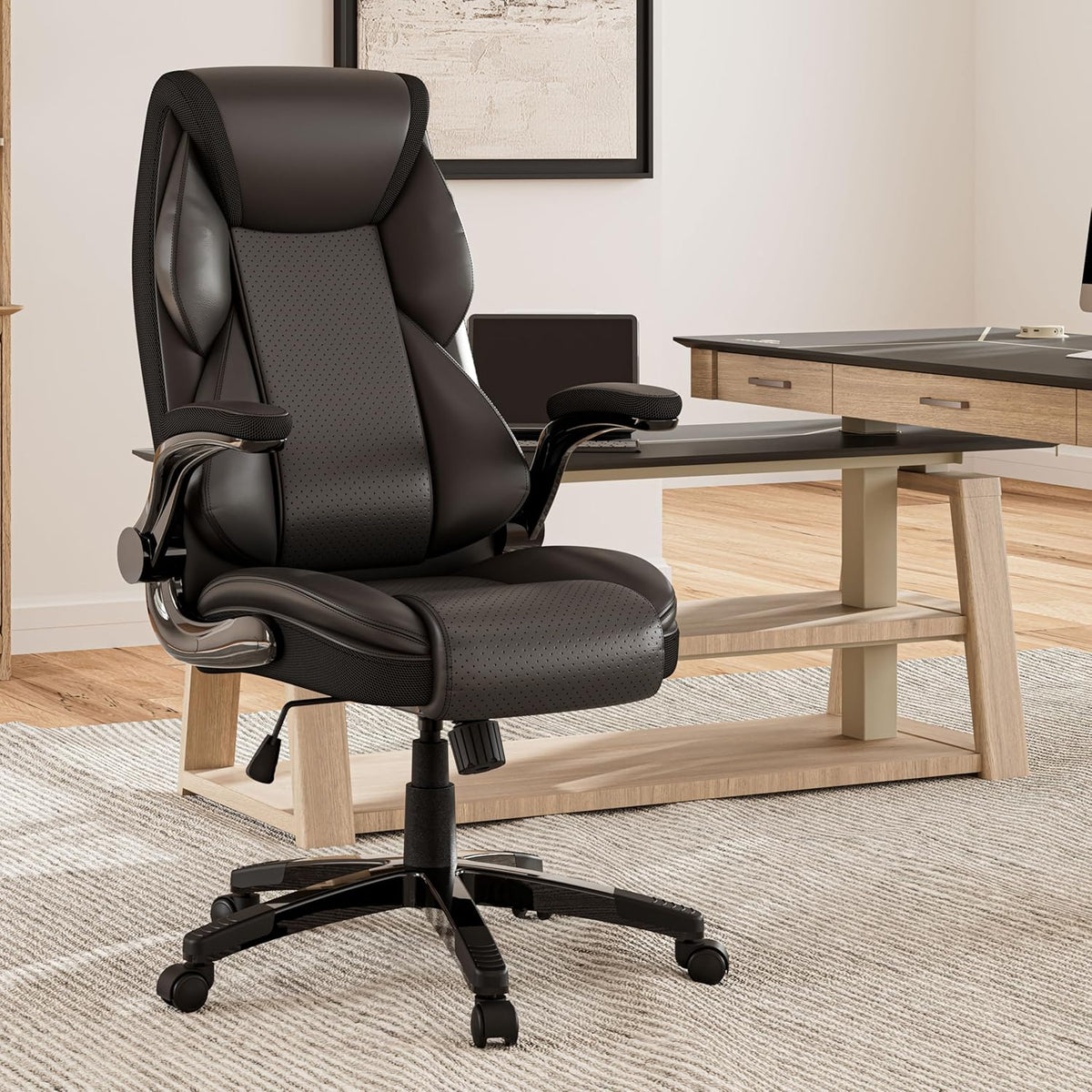 Bureaustoel – Kantoorstoel – Computerstoel – Gamestoel – Office Chair – PU-leder – 90° Opklapbare Armleuningen – Ergonomische Lendensteun