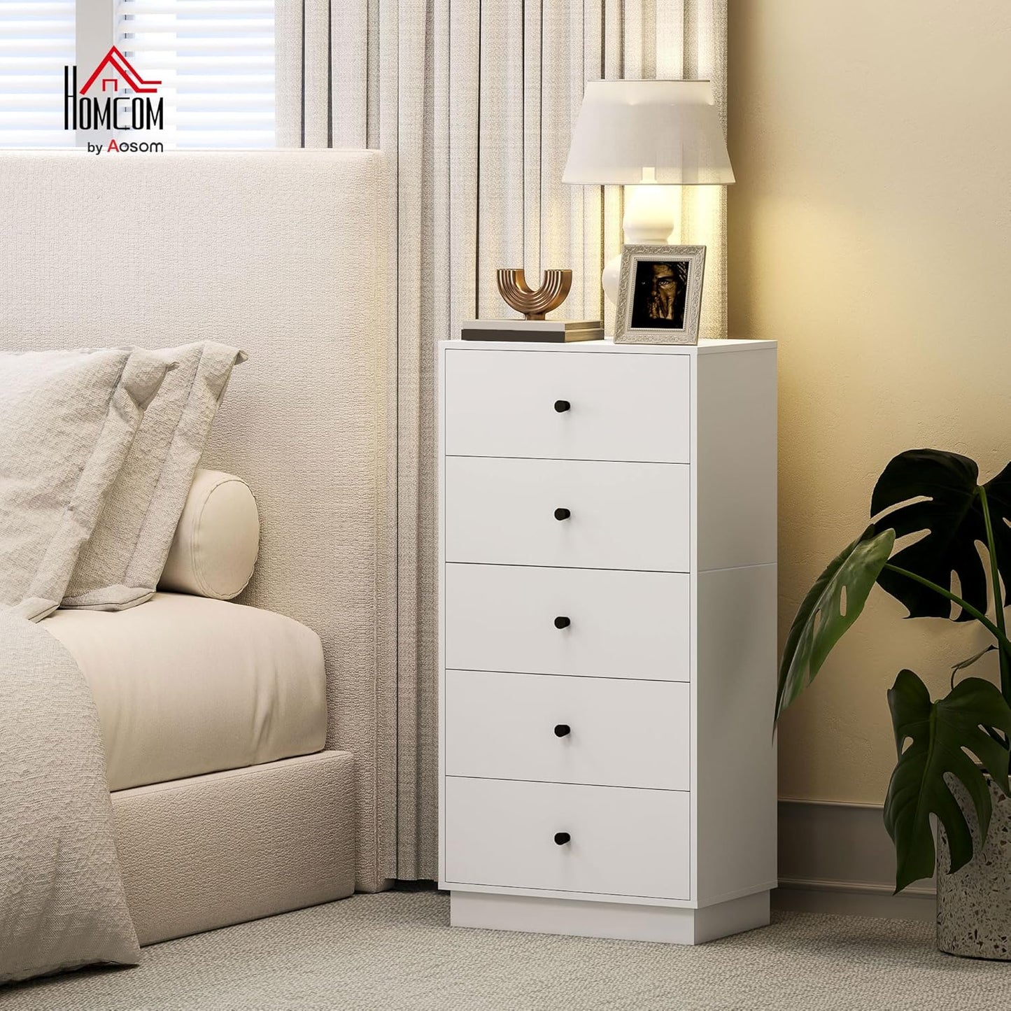 HOMCOM Kommode Sideboard mit 5 Schubladen Schrank aus Holzwerkstoff Aufbewahrungsschrank im Modern Stil Schubladenschrank Kommodenschrank für Wohnzimmer Schlafzimmer Flur 47 x 29 x 95 cm Weiß - QUORE