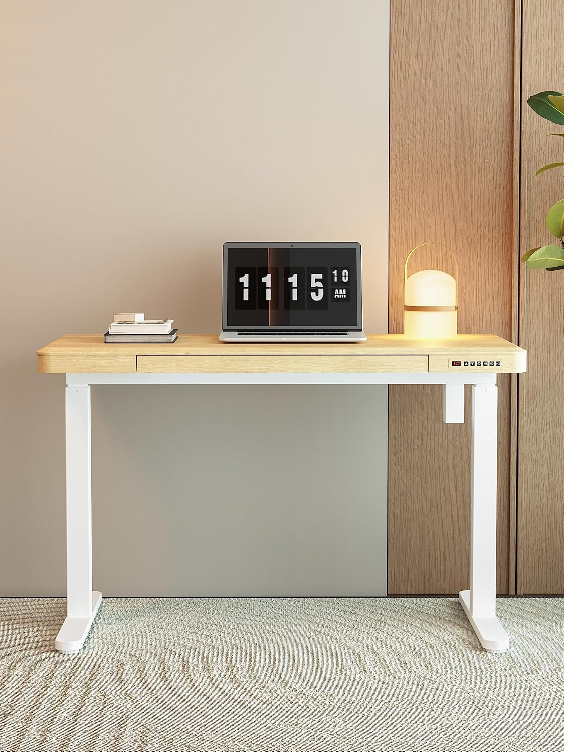 KOWO Electric Standing Desk with Drawers, USB-C Hub and Wireless Charger, Sit-Stand Desk, Adjustable Table, Home Office, Computer Table with Storage Space, 120 cm (L) Maple Wood - QUORE