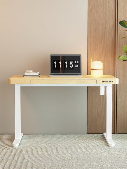 KOWO Electric Standing Desk with Drawers, USB-C Hub and Wireless Charger, Sit-Stand Desk, Adjustable Table, Home Office, Computer Table with Storage Space, 120 cm (L) Maple Wood - QUORE
