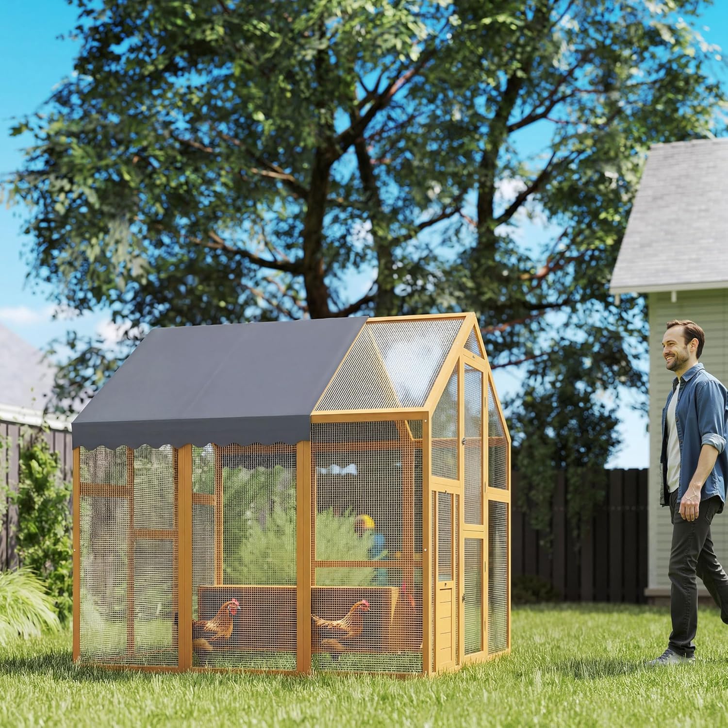 PawHut Chicken Coop 3.07㎡ 1.7 x 1.8 x 1.8m Outdoor Enclosure Wood with Waterproof Cover, Security Lock, Double Door, 2 Laying Nests, 2 Perches, Suitable for 6-8 Chickens, Ducks, Geese, Rabbits - QUORE
