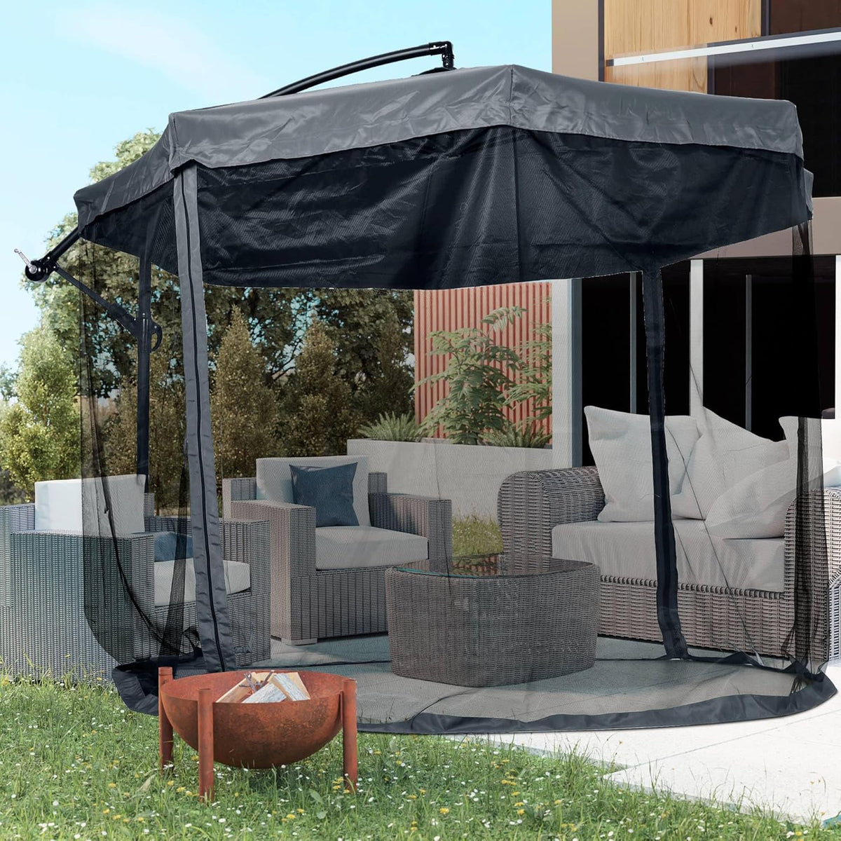 Outsunny Ampelschirm, 295 x 295 cm Sonnenschirm mit Handkurbel und Moskitonetz, 360° Drehbarer Gartenschirm für 8 Persons, Marktschirm für Balcony, Stahl, Polyester Dunkelgrau, Dunkelgrau - QUORE
