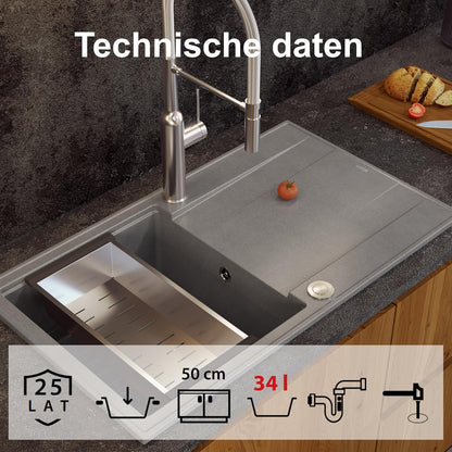 Quadron Eva 111 spoelbak, grijs en koper, afmetingen 86 x 50 x 21 cm, granieten spoelbak EVAN 111, enkele spoelbak, keukenspoelbak, met handmatige sifon en afdruipoppervlak, 1 spoelbak