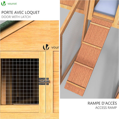 vounot Wooden chicken coop with nest box and perch, chicken coop, 2 chickens, 210 x 85 x 85 cm, with ramps and lockable doors, large activity area, ideal for chickens, small animals, rabbits