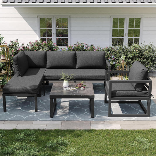 4-5 Seats, Outdoor Lounge Furniture, Garden Furniture Set with Galvanized Iron Frame, Garden Lounge Outdoor with Adjustable Legs, Garden Furniture Set, Includes All Seat and Back Cushions - QUORE