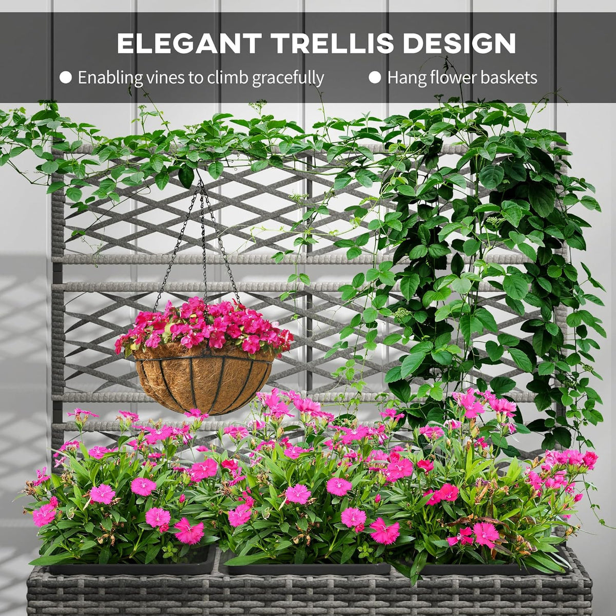 Outsunny 33L Garden PE Rattan Planter Trellis Freestanding Flower Raised Bed for Garden, Garden Planter for Climbing Planter, 84cm x 30cm x 107cm, Light Grey - QUORE