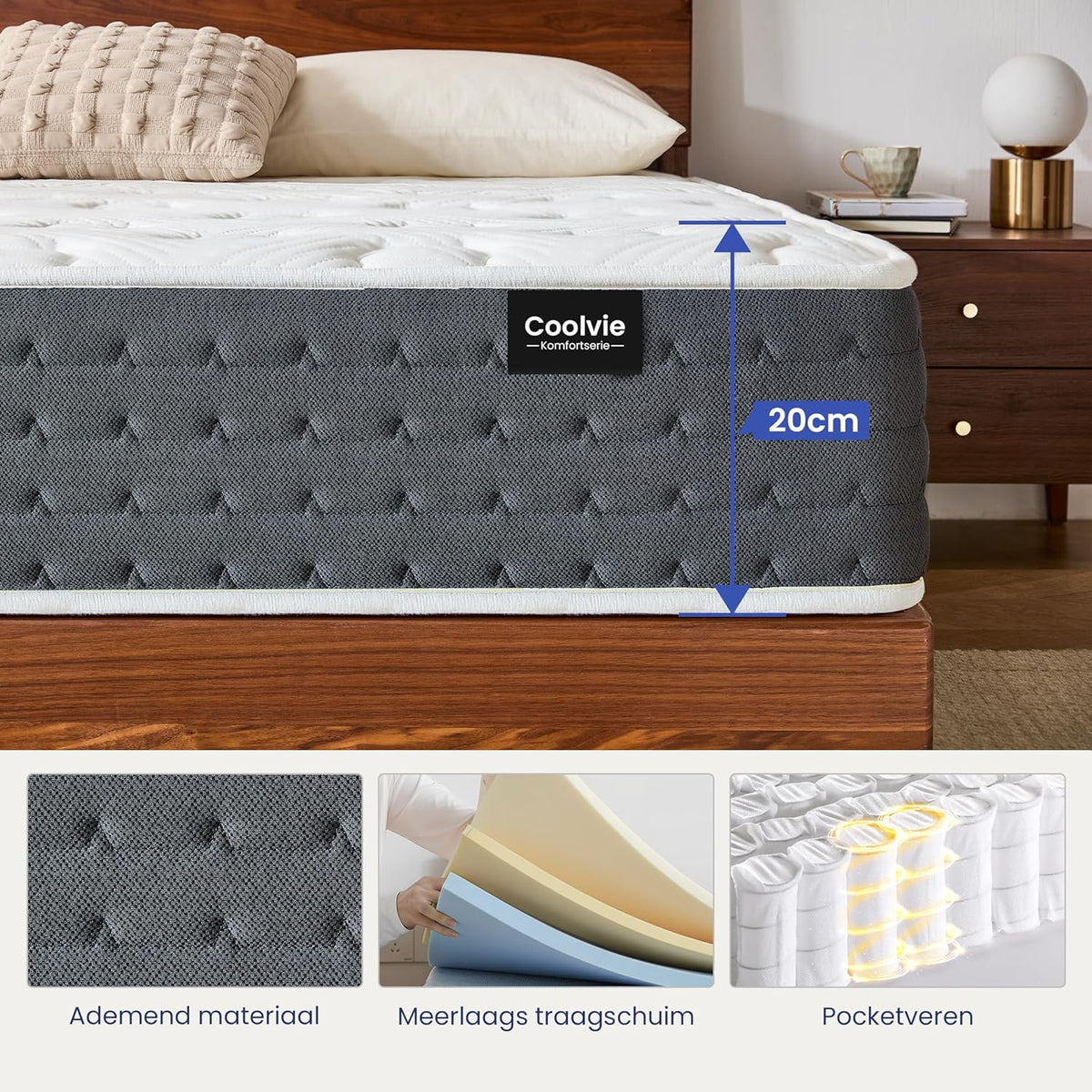 Coolvie Pocketveringmatras, 160 x 200 cm, 7-zones, ergonomisch matras, gemiddelde hardheid, hoogte 20 cm, beweging, isolerend, pocketveringmatras met gel traagschuim,Oeko-Tex gecertificeerd