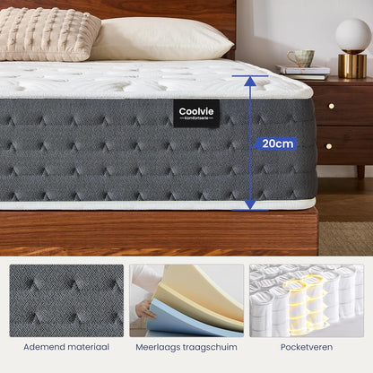 Coolvie Pocketveringmatras, 160 x 200 cm, 7-zones, ergonomisch matras, gemiddelde hardheid, hoogte 20 cm, beweging, isolerend, pocketveringmatras met gel traagschuim,Oeko-Tex gecertificeerd