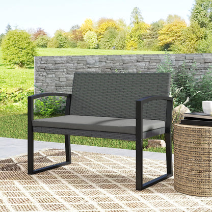 Outsunny Rattan Garden Bench 2 Seater Garden Bench with Cushion, Wicker Garden Bench with Armrests, Galvanized Steel Frame for Patio, Park, Dark Grey - QUORE