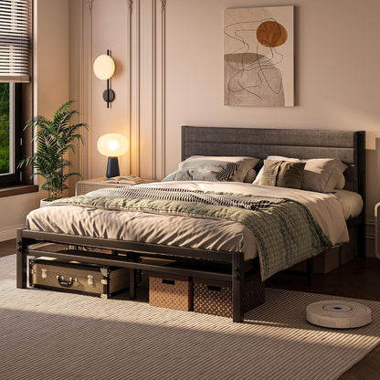 Bed 140x200 met lattenbodem, metalen bedframe uit metaal, gestoffeerd bed 140x200 cm tweepersoonsbed, bedframe met hoofdbord, gastenbed Geen boxspringbed vereist, eenvoudige montage, grijs