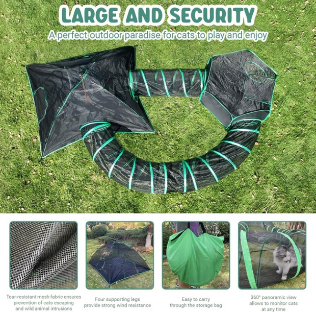 4-in-1 Kattentent - Kattenverblijf - Kattententen - Opvouwbaar - Draagbare Catiotent - met 1 Koepeltent - 2 Tunnelen - 2 Tenten - Buitenkattenbox - voor Katten - Konijnen - Andere Dieren - Polyester - Zwart/Groen