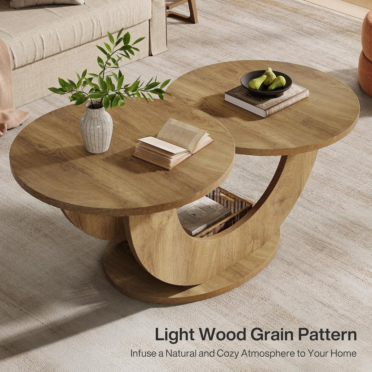Tribesigns Round Side Table, 118cm, Modern Living Room Coffee Table with Funky U-Shaped Frame, Low Accent Tea Table for Home, Home, Oak