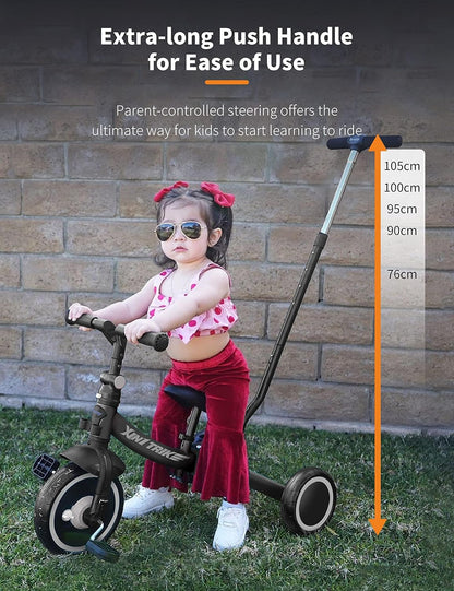besrey 7-in-1 driewieler voor peuters met stuurgreep voor 1-5 jaar, opvouwbare wielen, peuterfiets met wielkoppeling, grotere wielen, afneembare pedalen, in hoogte verstelbare zitting, zwart