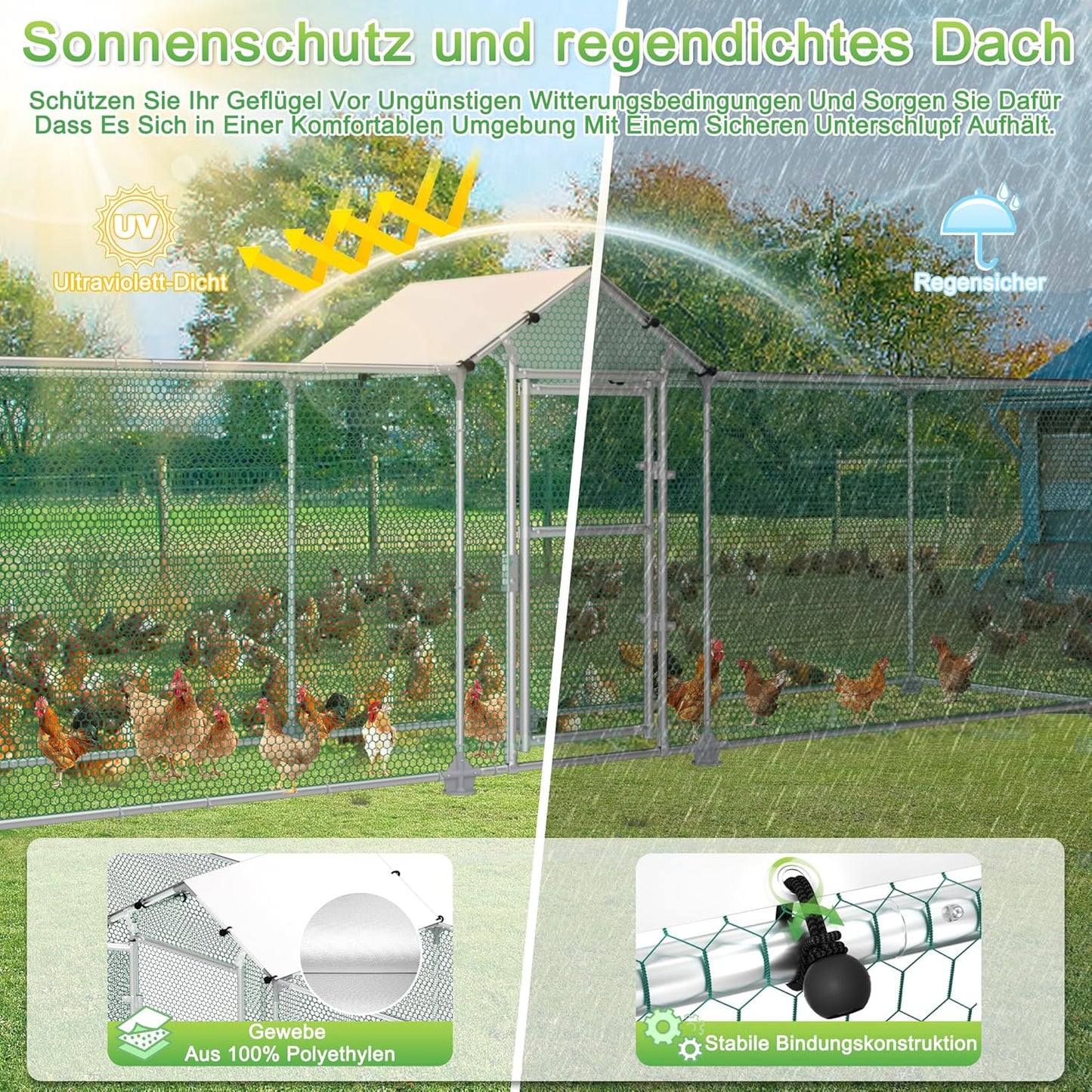 LILIIN Free Run Hen Coop Galvanised Steel Frame Chicken Coop Outdoor Entrance for Pet Cage, Bird Cage, Small Animals, with Lock and PVC Coated Roof, 400 x 100 x 150 cm - QUORE
