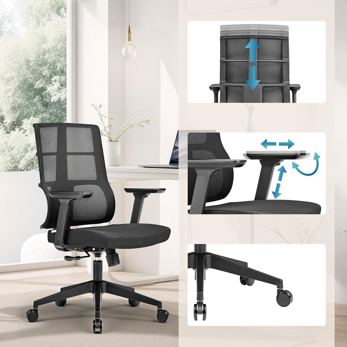 hjh OFFICE 810025 professionele bureaustoel Spinio stof zwart kantoor draaistoel met netrug, rugleuning in hoogte verstelbaar