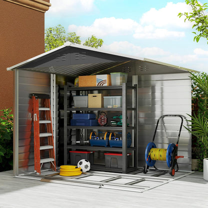 Outsunny Garden Shed 4.4 m2, Garden Shed with Saddle Roof, Sliding Door, Foundation, Easy Assembly, 240 x 206 x 198 cm, Garden Shed Made of Galvanized Steel, Weatherproof, for Garden, Dark Grey - QUORE