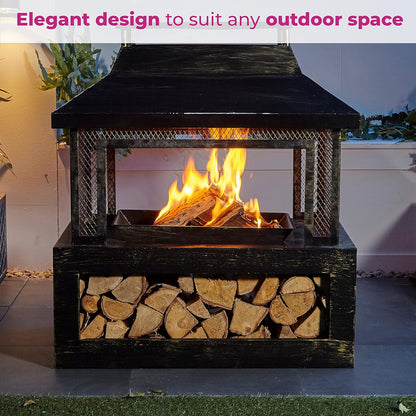 Neo Zwart Staal Outdoor Tuin Log Brander Branden Vuurkorf Chiminea Heater Kachel Mesh Surround Opslag