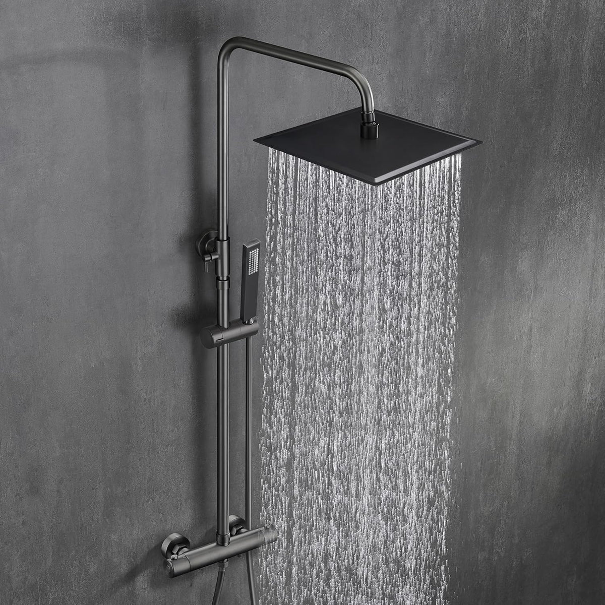 Görbach Thermostaat douchesysteem met douchearmatuur, complete set, regendouche, doucheset met roestvrijstalen douchestang, douchekop 25 x 25 cm, gunmetal grijs