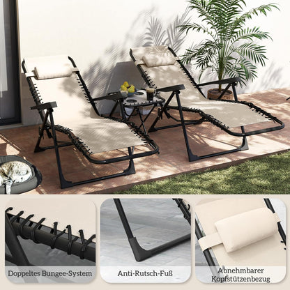 Opvouwbare Ligstoelenset – Ligstoel – Relaxstoel – Tuinstoel – Balkonstoel – Weerbestendig Metalen Frame – 5-Standen Verstelbare Rugleuning – Inclusief Tafel Met Bekerhouders – Beige