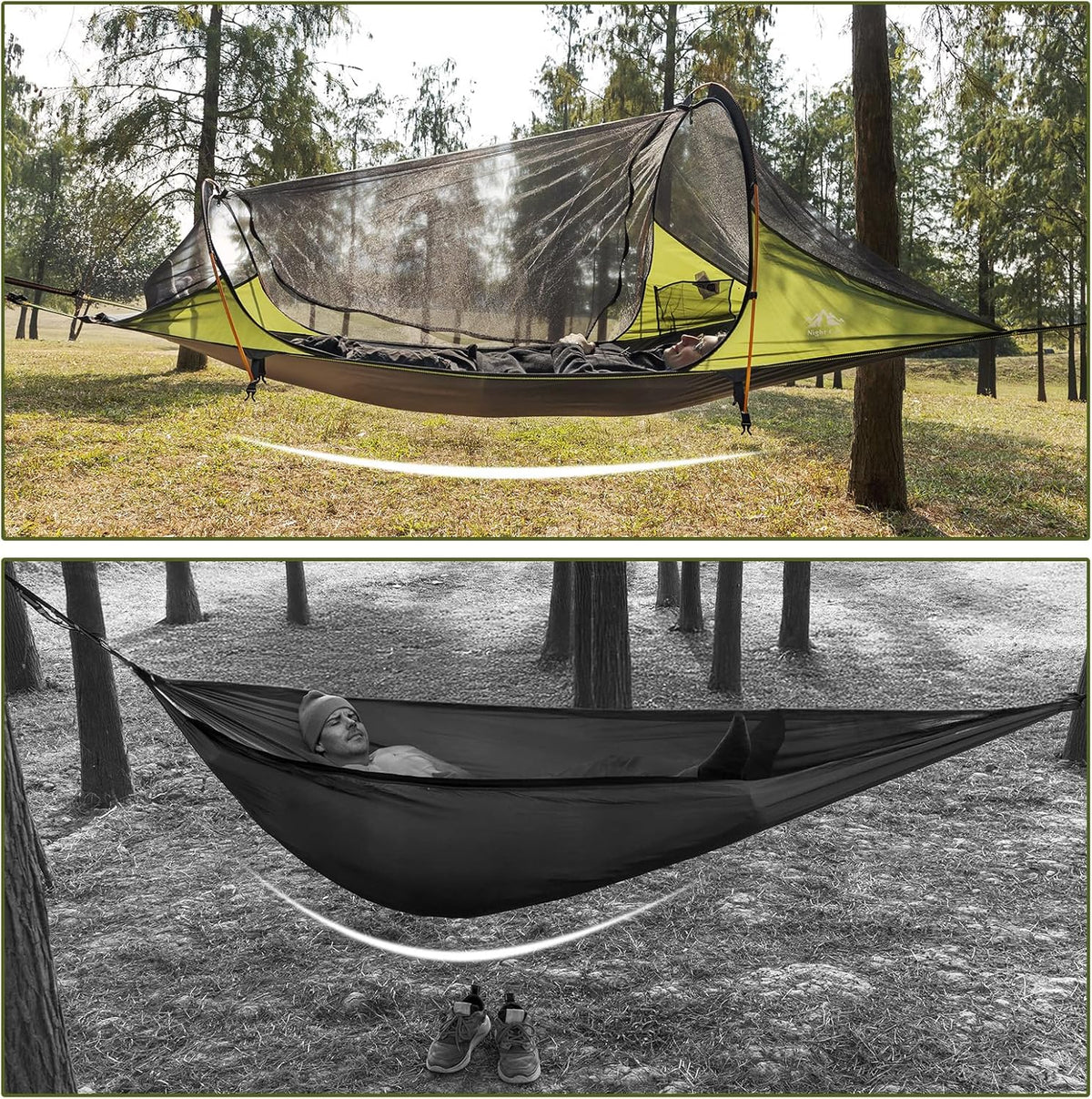 Night Cat Camping Hammock Tent: 1 Person Flat Bottom Hammock with Waterproof Mosquito Net for Bivouac Hiking Garden