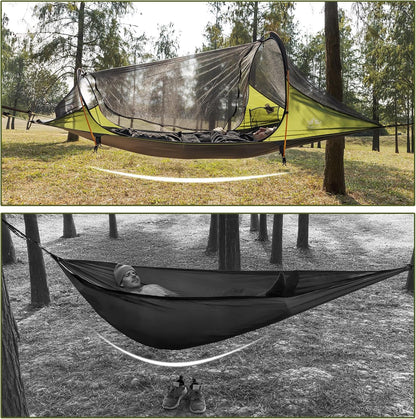 Night Cat Camping Hammock Tent: 1 Person Flat Bottom Hammock with Waterproof Mosquito Net for Bivouac Hiking Garden