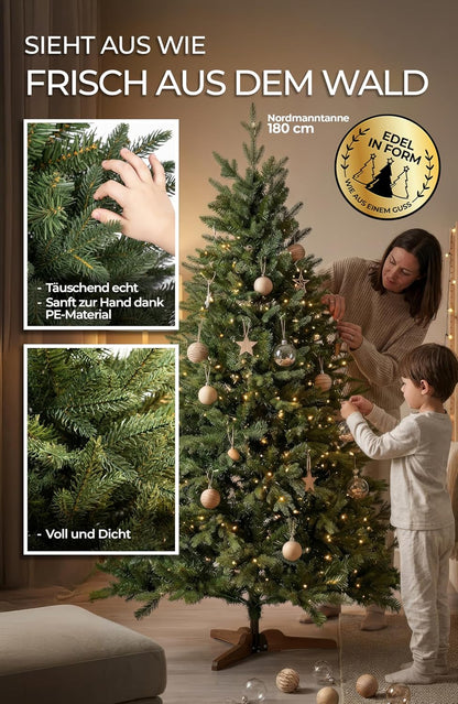 Menz Kunstkerstboom, 180 cm, complete set, kleur groen, dennenboom met dichte takken, stabiele basis, duurzame keuze voor vele jaren, inclusief warmwitte lichtketting voor buiten