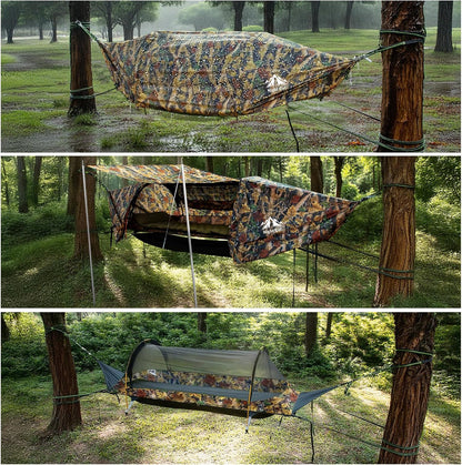 Night Cat Lay Flat Hammock: Flat Bottom with Mosquito Net Waterproof Rain Fly for 1 Person Camping in Garden Backyard Wild (Green)