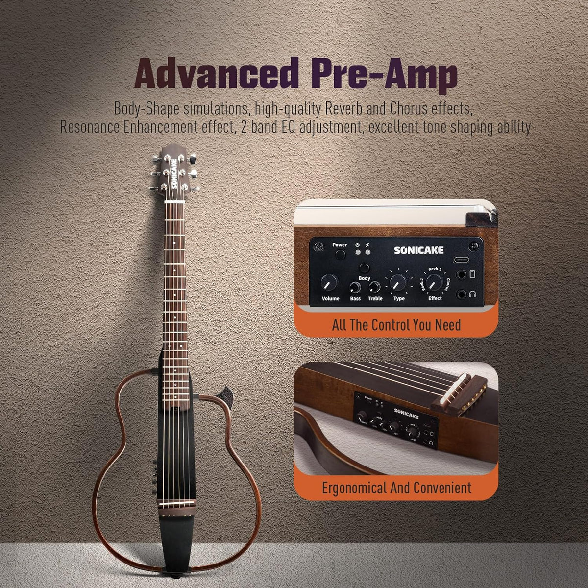 SONICAKE QGT-01 Elektrische akoestische gitaar, draagbare behuizing van massief mahonie, eenvoudig te monteren frame, multi-corpus vorm, sim-preamp, Gigbag en accessoires