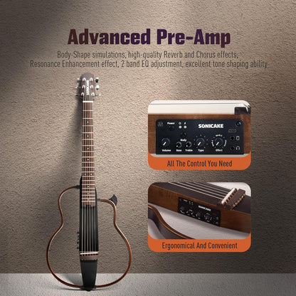 SONICAKE QGT-01 Elektrische akoestische gitaar, draagbare behuizing van massief mahonie, eenvoudig te monteren frame, multi-corpus vorm, sim-preamp, Gigbag en accessoires