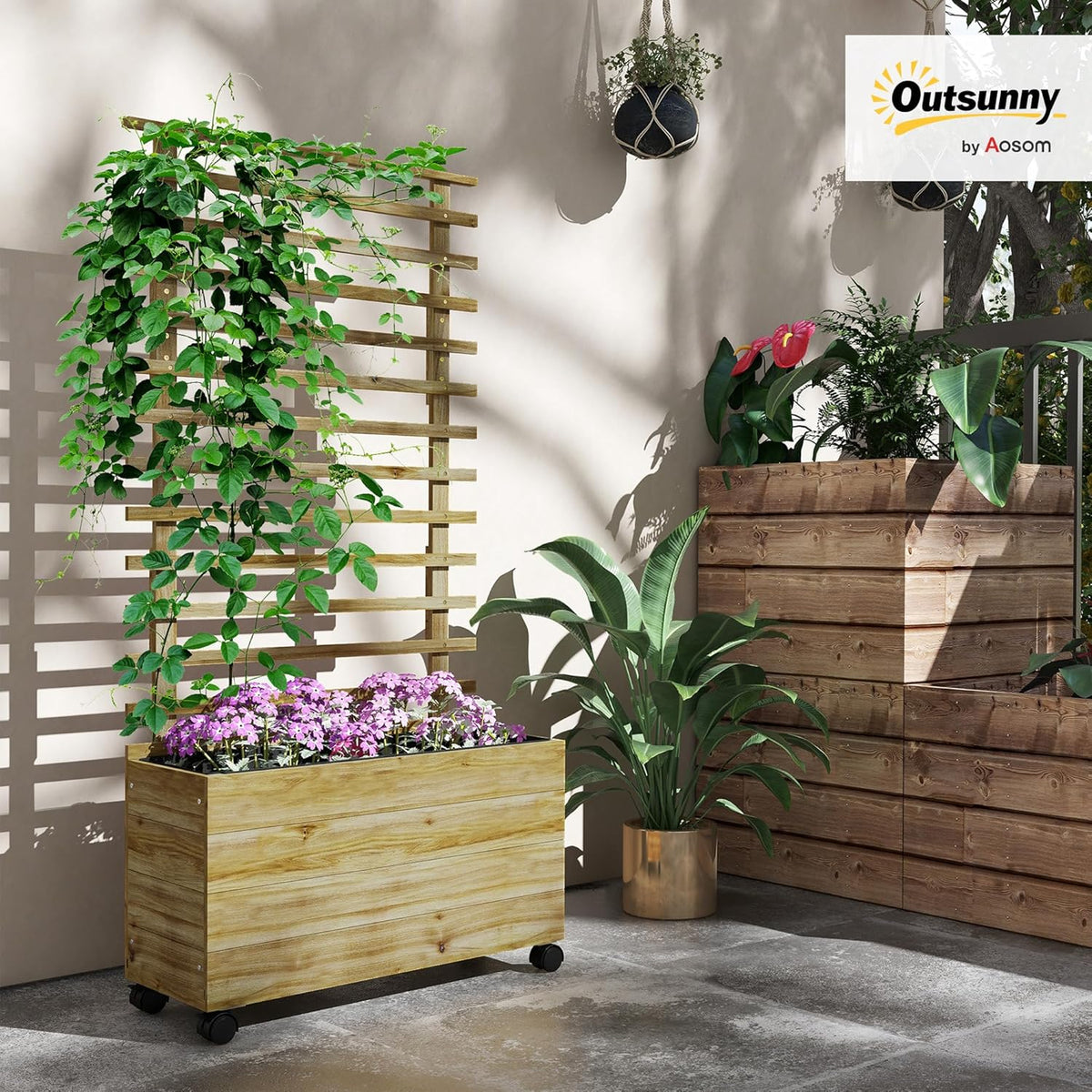 Outsunny Hochbeet Pflanzkasten mit Rankgitter,Rolle,Spalier Pflanzkübel Blumenkasten Holz,Gartenspalier 76x30x155cm für Garten Balcony Terrasse,Blumenkübel für Kletterpflanzen Korbpflanzen, Blumen - QUORE
