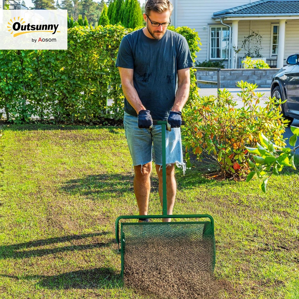 Outsunny Compost Spreader, 24" Peat Moss Spreader with Height Adjustable T Shaped Handle and Metal Mesh Basket, Garden Spreader for Seeding, Spreading Manure, Green - QUORE