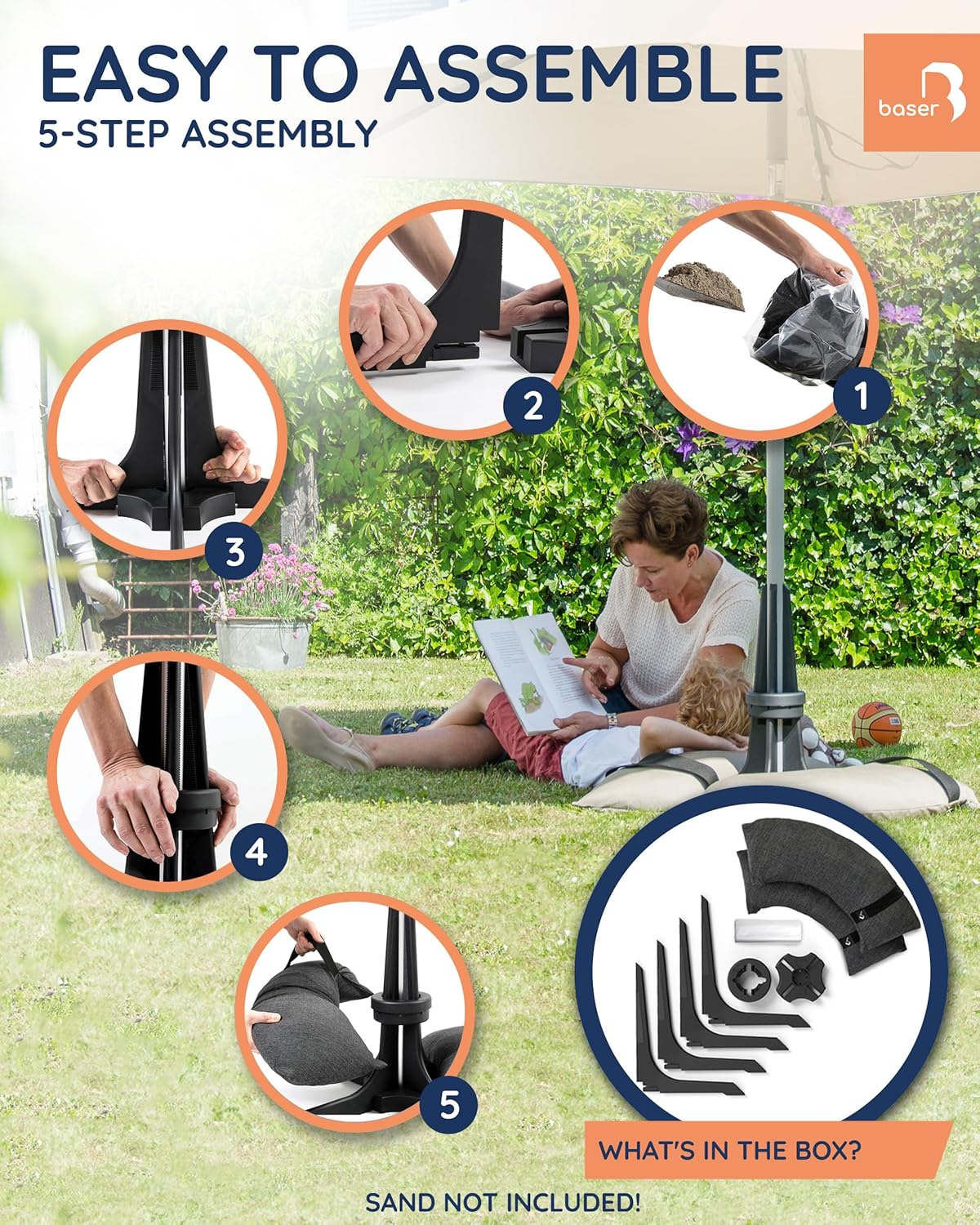 BASER Heavy Duty Parasolvoet Parasolstandaard – Vulbare Zandzakken tot 50kg voor Parasol tot 3,5m – Gerecyclede Parasolhouder voor 38-58mm Mast, Zwart