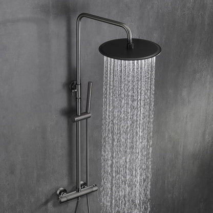 Görbach Thermostaat douchesysteem met douchearmatuur, complete set, regendouche, doucheset met roestvrijstalen douchestang, douchekop rond, diameter 25 cm, grijs