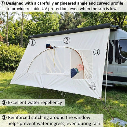 AIRIS Privacyscherm voor luifels, effectieve verduistering met ademend katoenen weefsel, waterafstotend, compatibel met Fiamma, Thule, Dometic (390 x 190)