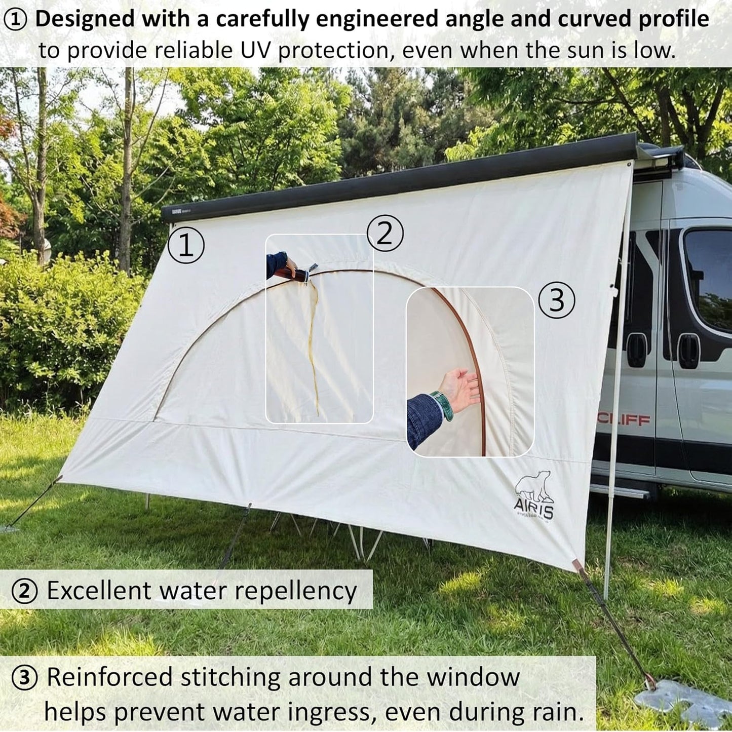 AIRIS Luifel, zonwering, camper, 310 x 190 cm, waterafstotend, katoenweefsel, eenvoudige montage zonder steunstang, compatibel met Thule Fiamma