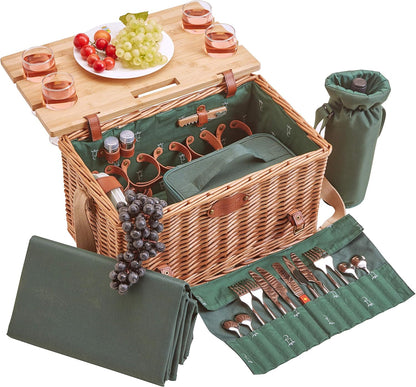Les Jardins de la Comtesse - Groene Picknickmand Saint-Honoré - Lederen riemen - 4 personen - Met opvouwbare tafel in bamboe - Porseleinen borden en glazen wijnglazen - 45 x 28 x 28 cm