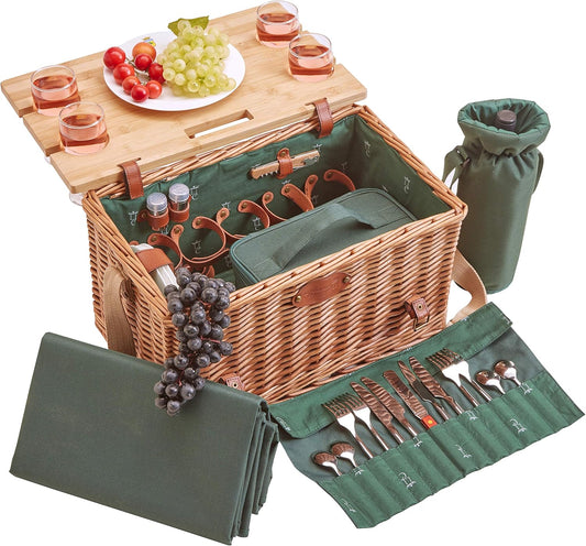 Les Jardins de la Comtesse - Groene Picknickmand Saint-Honoré - Lederen riemen - 4 personen - Met opvouwbare tafel in bamboe - Porseleinen borden en glazen wijnglazen - 45 x 28 x 28 cm