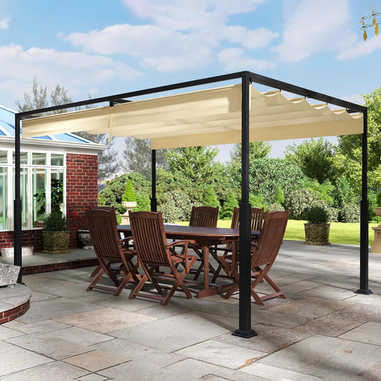 Outdoor Pergola, Stable Metal Frame, Garden Gazebo with Wind and Sun Protection, Sliding Roof, Freestanding Canopy, Retractable Canopy for Garden, Patio and Balcony, 3 x 4 m, Beige - QUORE