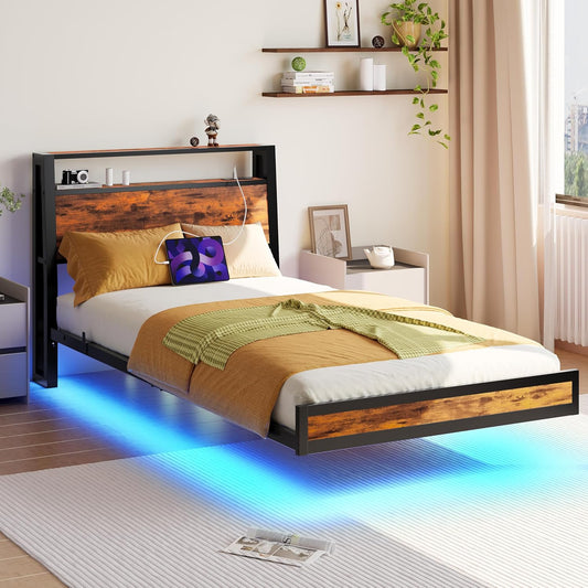 Zwevend bedframe met laadstation en ledverlichting, houten hoofdeinde met opbergplanken, robuuste metalen latten, geen boxspring nodig, geluidsvrij, eenvoudige montage, zwart