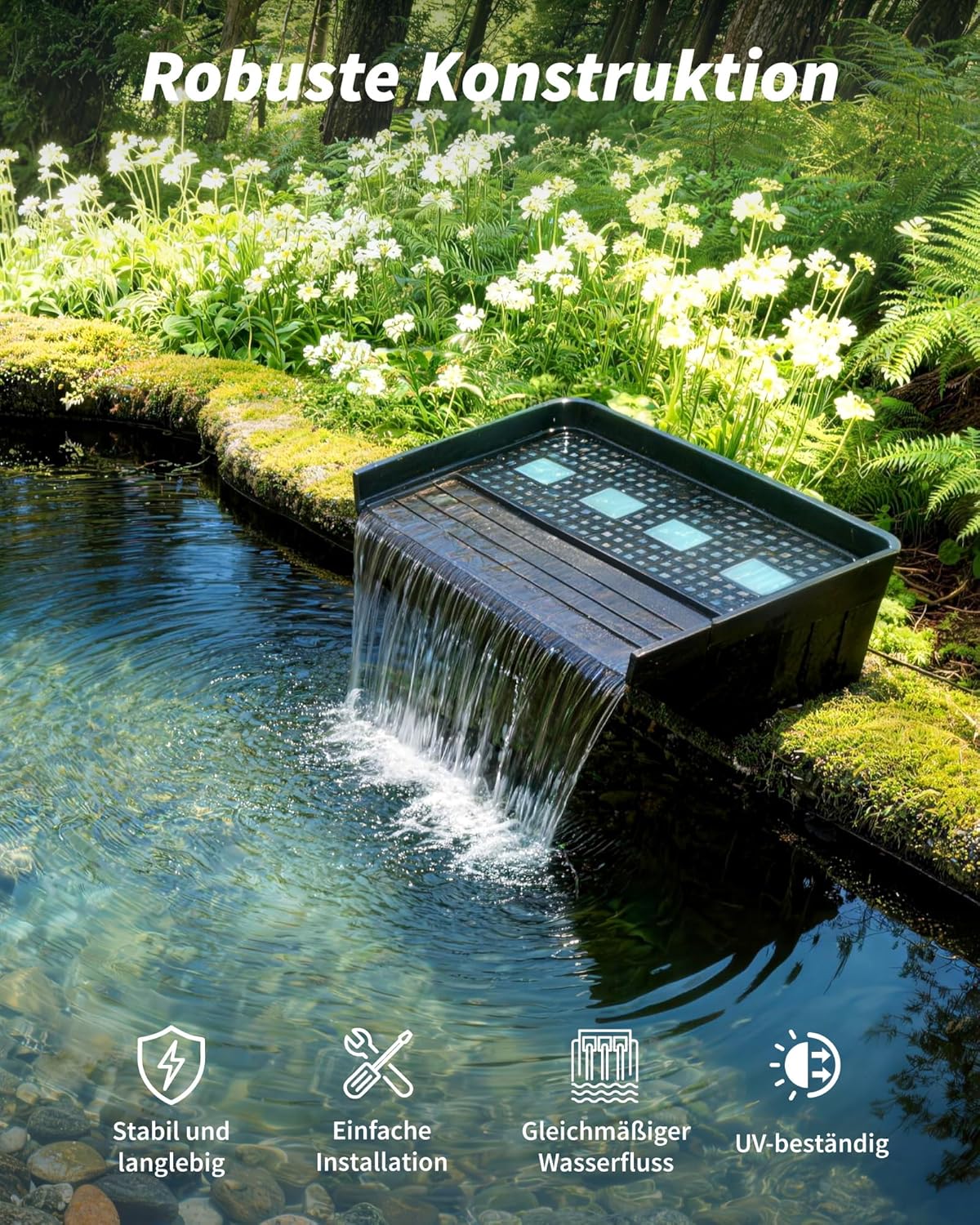 POPOSOAP Vijverwaterval met 63 W DC-pomp (6000 l/h), 3 m golfslang, filtermedia, 60 cm overloop voor grote tuinvijverwaterspelletjes buiten