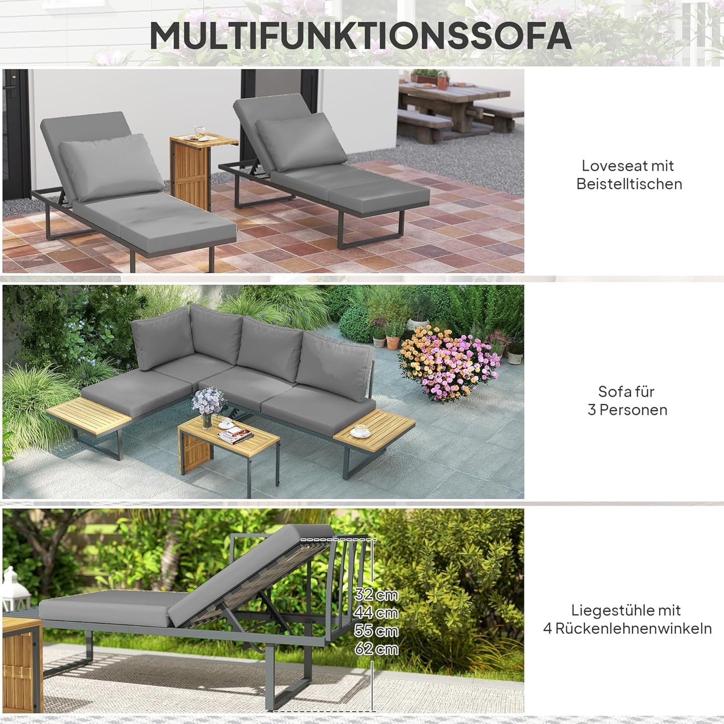 Outsunny Akazienholz Gartenmöbel Set 6 Persons L-Förmig Gartenlounge mit Eckbank verstellbar Rückenlehne Beistelltisch Kissen Balkonmöbel-Set Outdoor Sitzgruppe für Garten Terrasse Balcony Hellgrau - QUORE