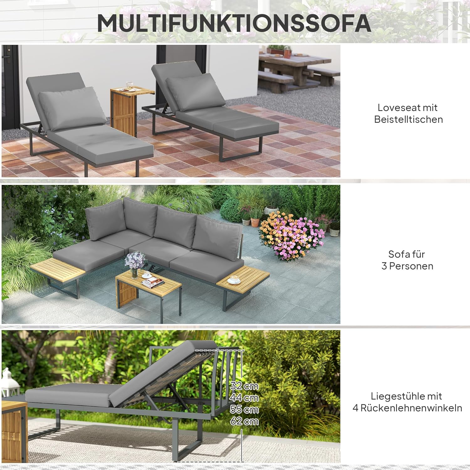 Outsunny Akazienholz Gartenmöbel Set 6 Persons L-Förmig Gartenlounge mit Eckbank verstellbar Rückenlehne Beistelltisch Kissen Balkonmöbel-Set Outdoor Sitzgruppe für Garten Terrasse Balcony Hellgrau - QUORE