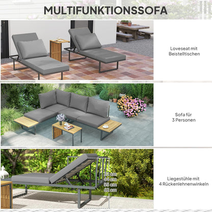 Outsunny Akazienholz Gartenmöbel Set 6 Persons L-Förmig Gartenlounge mit Eckbank verstellbar Rückenlehne Beistelltisch Kissen Balkonmöbel-Set Outdoor Sitzgruppe für Garten Terrasse Balcony Hellgrau - QUORE
