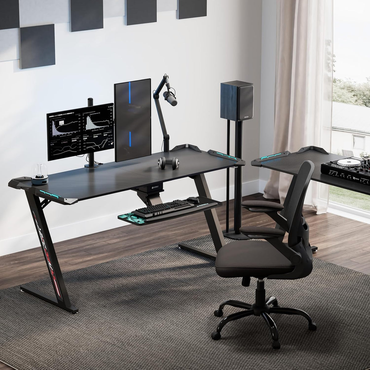 Eureka Ergonomic Gamingtafel, 153 × 60 cm, groot gamingbureau, tafel met ledverlichting, gamer, pc-tafel, desktop op koolstofvezel, gaming computertafel