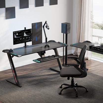 Eureka Ergonomic Gamingtafel, 153 × 60 cm, groot gamingbureau, tafel met ledverlichting, gamer, pc-tafel, desktop op koolstofvezel, gaming computertafel